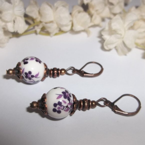 Boho Earring Set Floral Purple White and Rustic Copper Fashion Jewelry Set 7008 - Picture 5 of 9